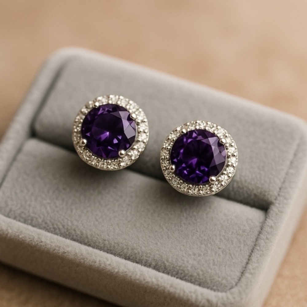 Amethyst CZ 6 mm 925 Sterling Silver Halo Stud Earrings | Push Back NWOT #463